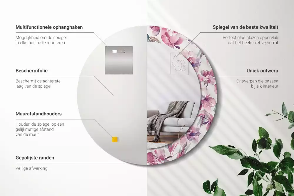 Espelho redondo decorativo Flores de peônia