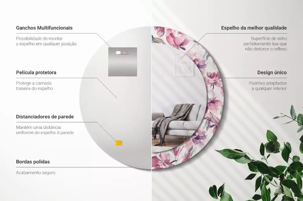 Espelho redondo decorativo Flores de peônia