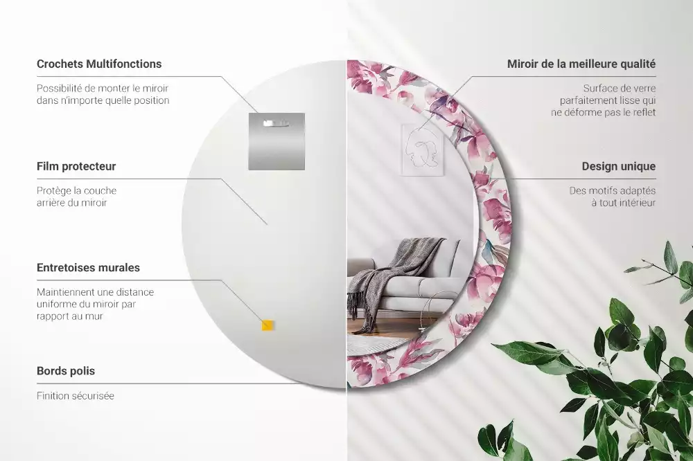 Espelho redondo decorativo Flores de peônia