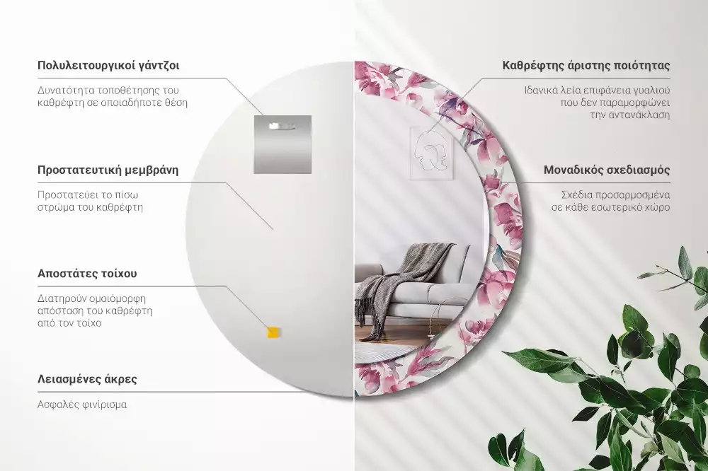 Espelho redondo decorativo Flores de peônia