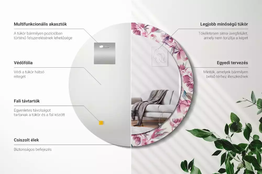 Espelho redondo decorativo Flores de peônia