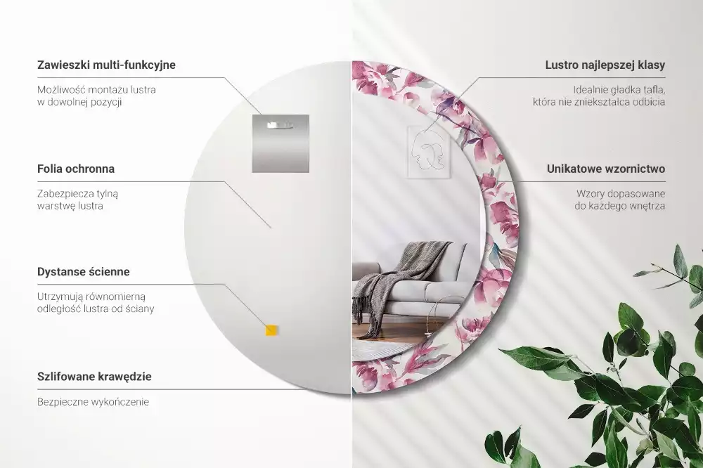 Espelho redondo decorativo Flores de peônia