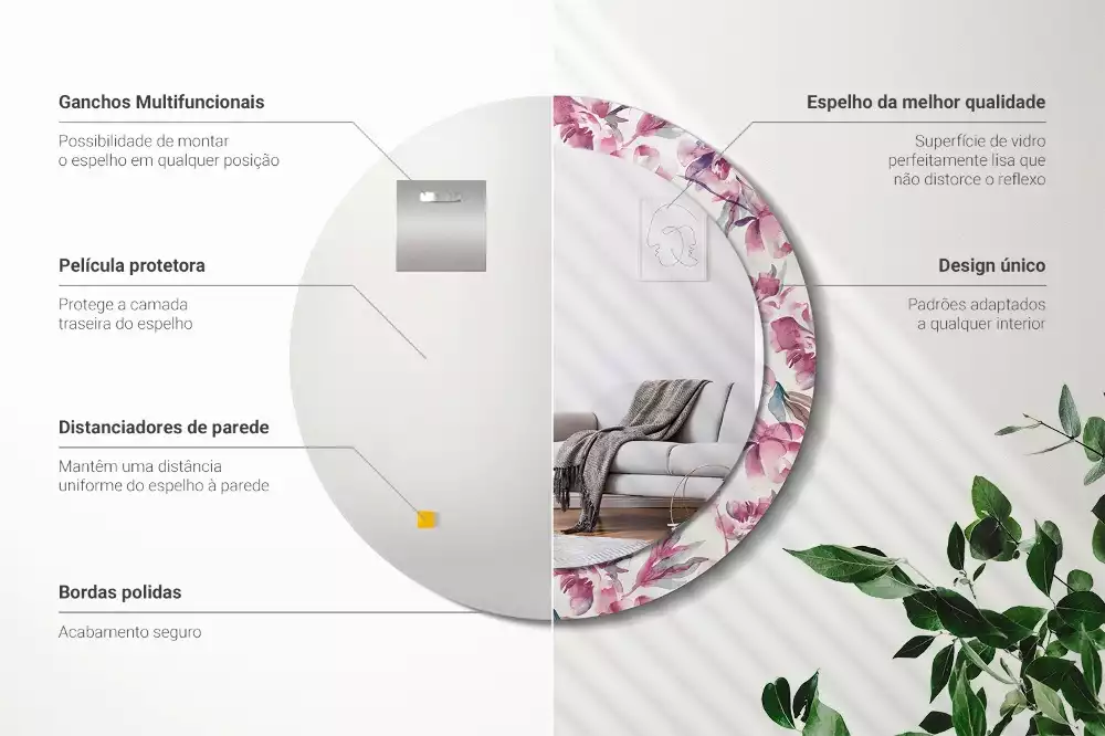 Espelho redondo decorativo Flores de peônia