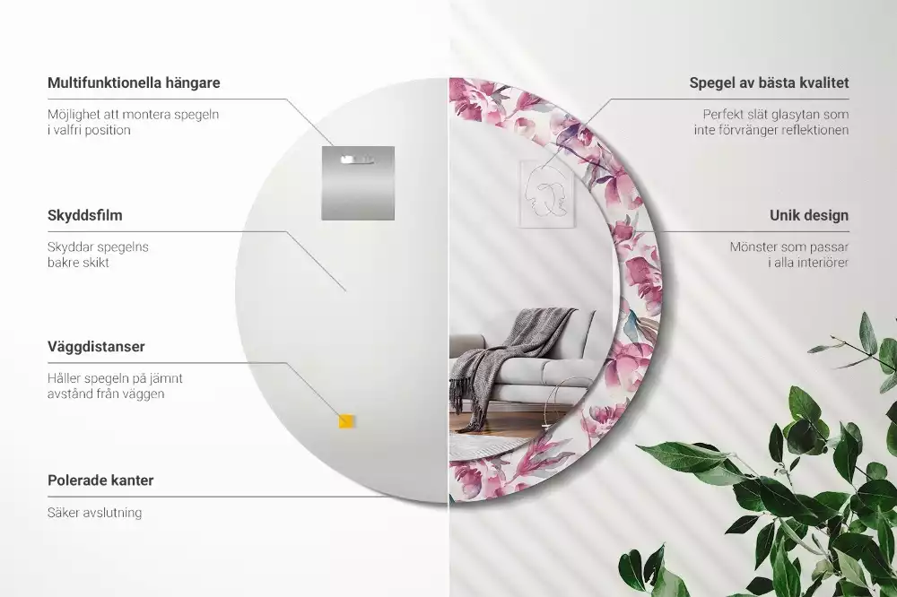 Espelho redondo decorativo Flores de peônia