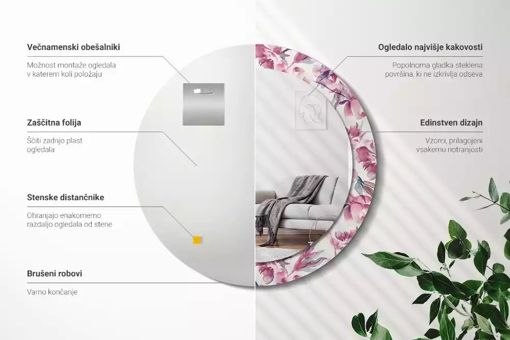 Espelho redondo decorativo Flores de peônia