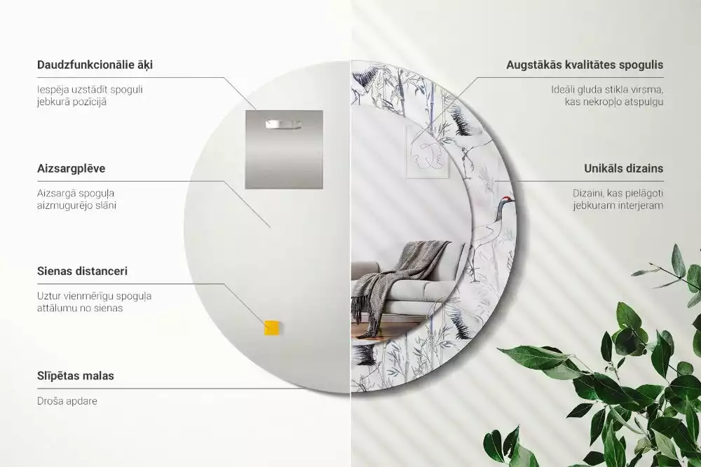 Espelho redondo decorativo Pássaros guindastes