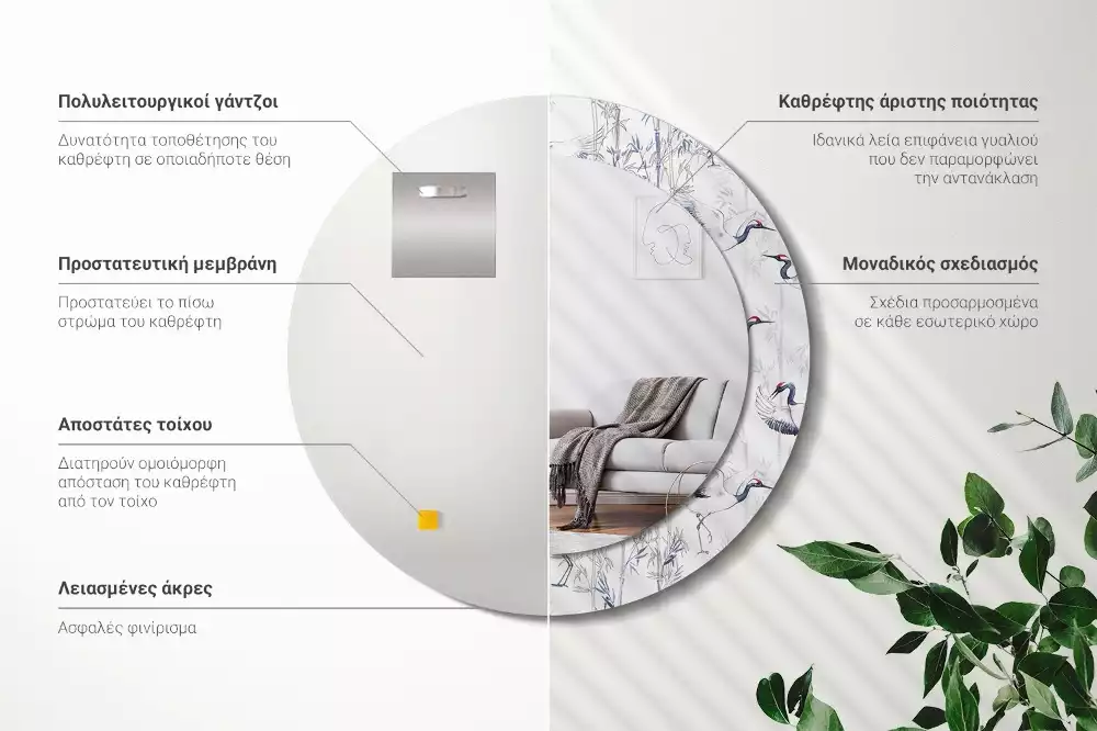 Espelho redondo decorativo Pássaros guindastes