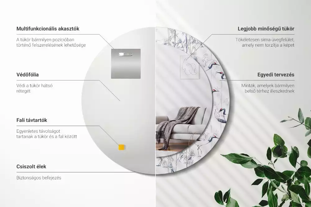 Espelho redondo decorativo Pássaros guindastes