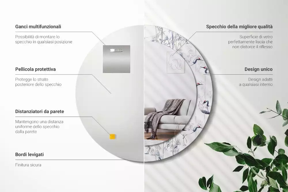 Espelho redondo decorativo Pássaros guindastes