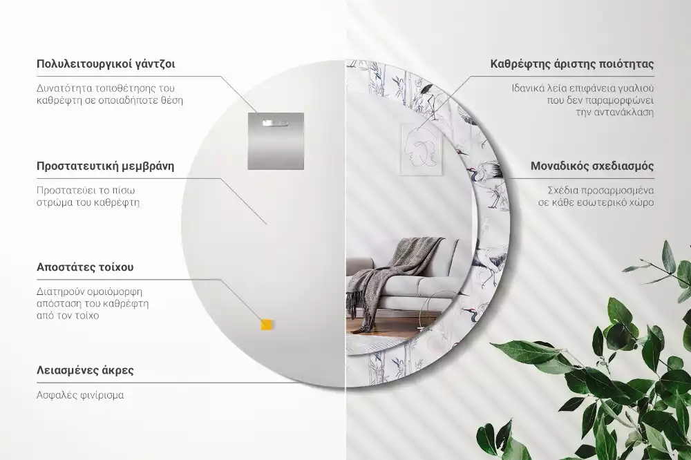 Espelho redondo decorativo Pássaros guindastes