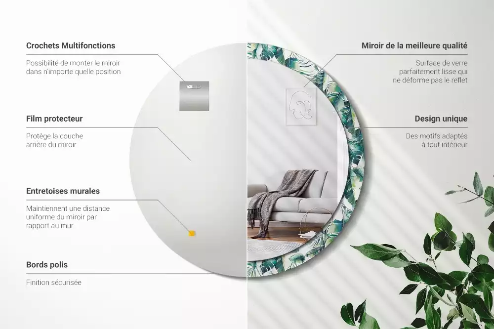 Espelho redondo decorativo Penas pretas e brancas