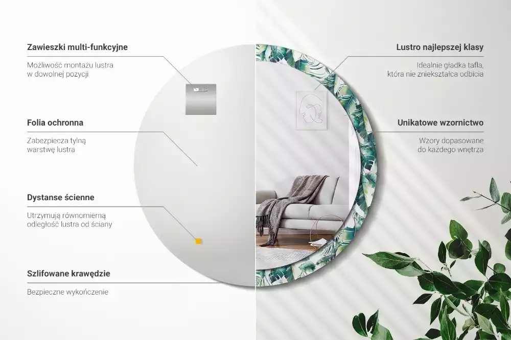 Espelho redondo decorativo Penas pretas e brancas