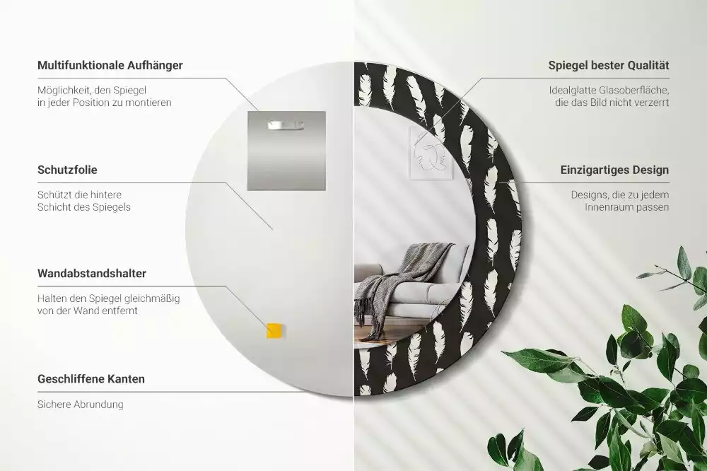 Espelho redondo decorativo Penas pretas e brancas