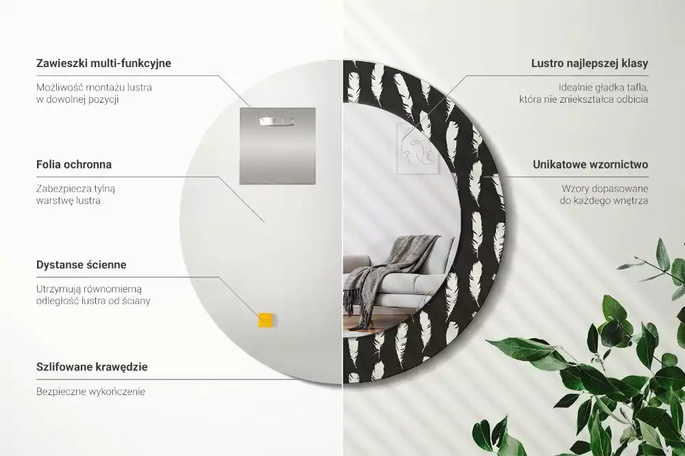 Espelho redondo decorativo Penas pretas e brancas