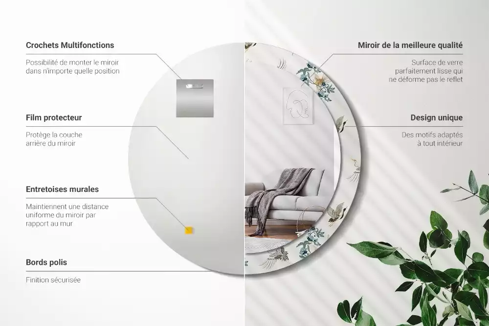 Espelho redondo decorativo pássaros chineses