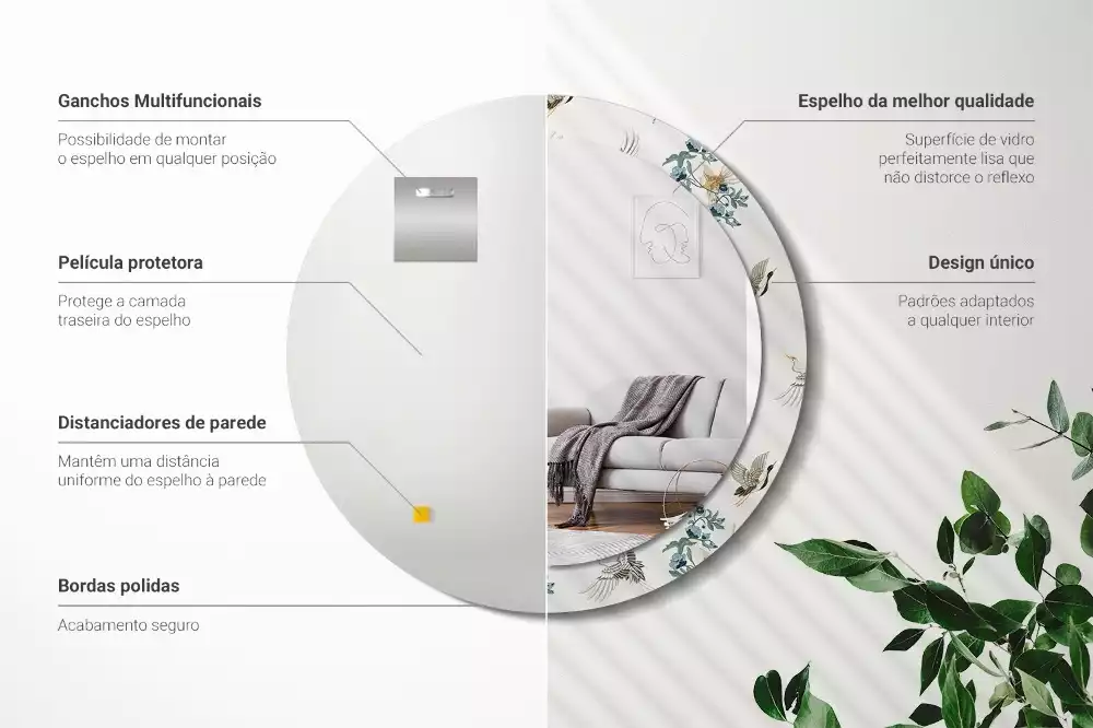 Espelho redondo decorativo pássaros chineses