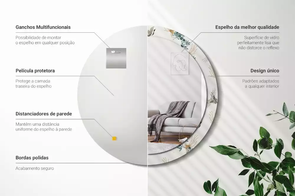 Espelho redondo decorativo pássaros chineses