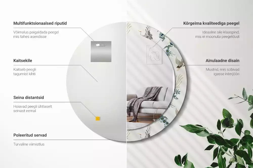 Espelho redondo decorativo pássaros chineses