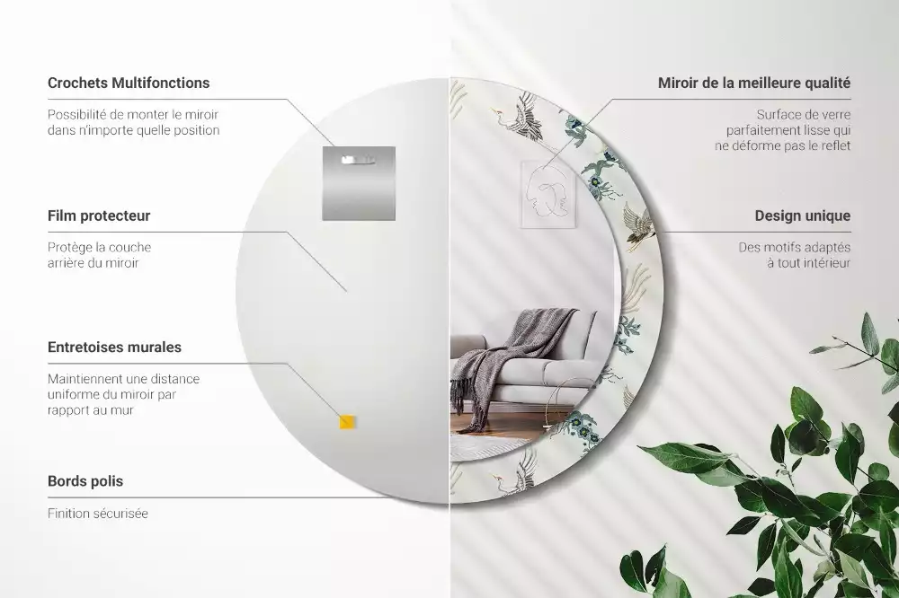 Espelho redondo decorativo pássaros chineses