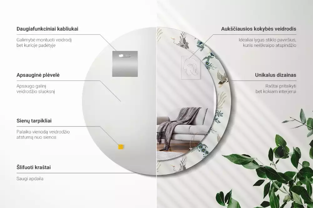 Espelho redondo decorativo pássaros chineses