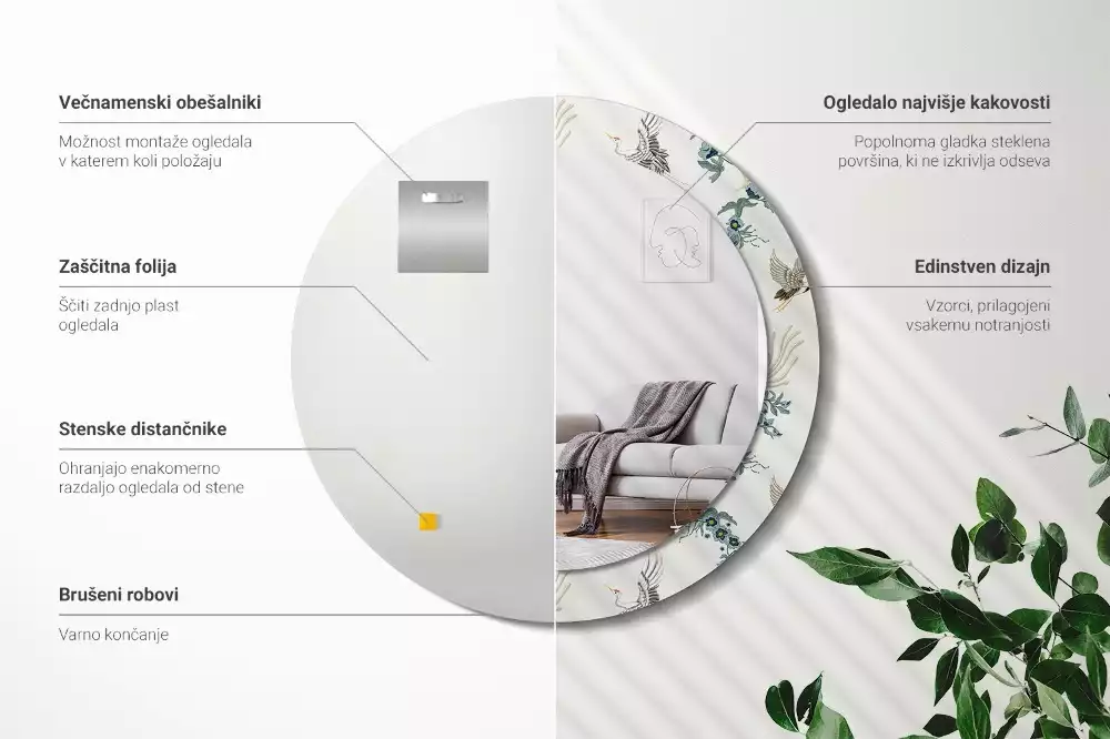 Espelho redondo decorativo pássaros chineses