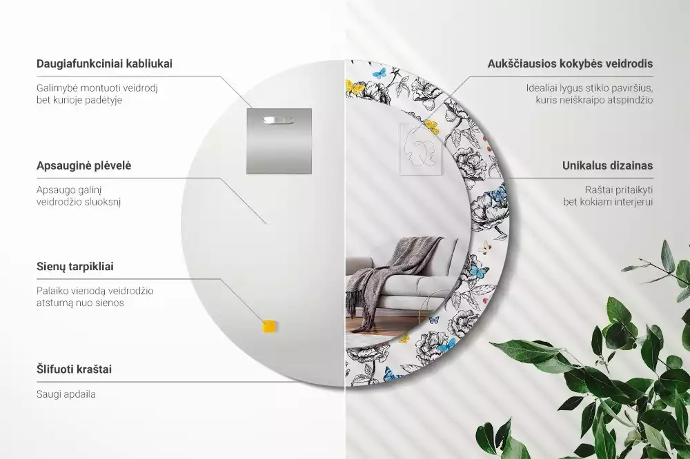 Espelho decorativo redondo Borboletas coloridas