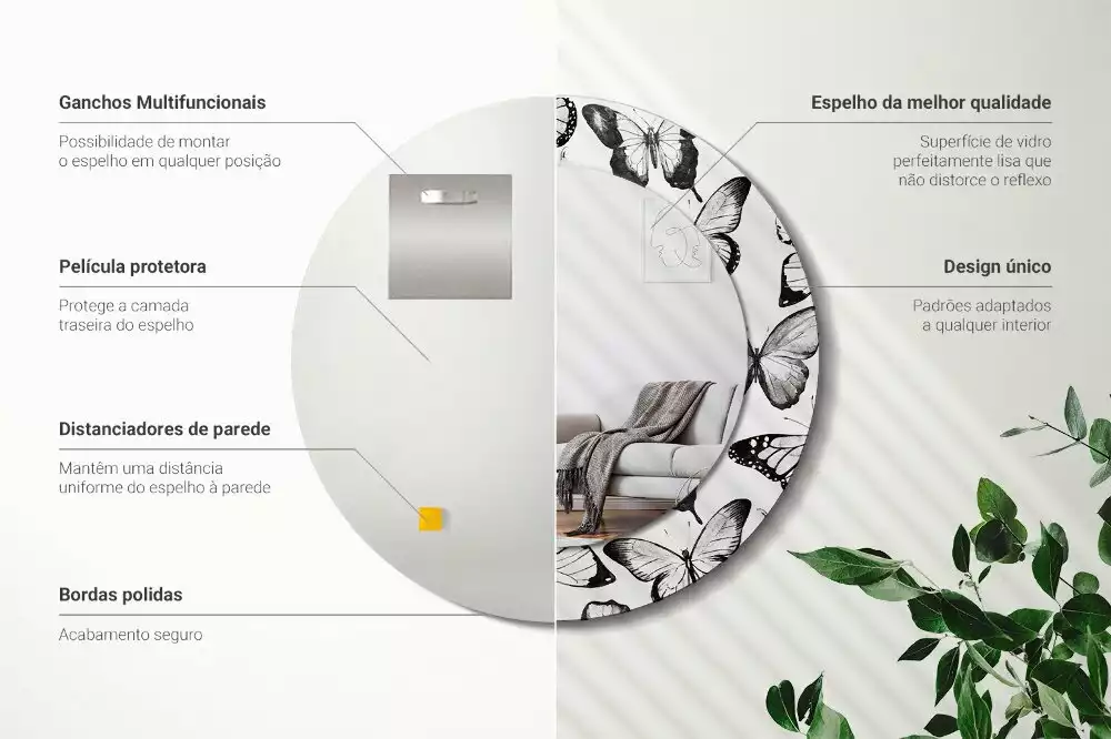 Espelho decorativo redondo Borboletas