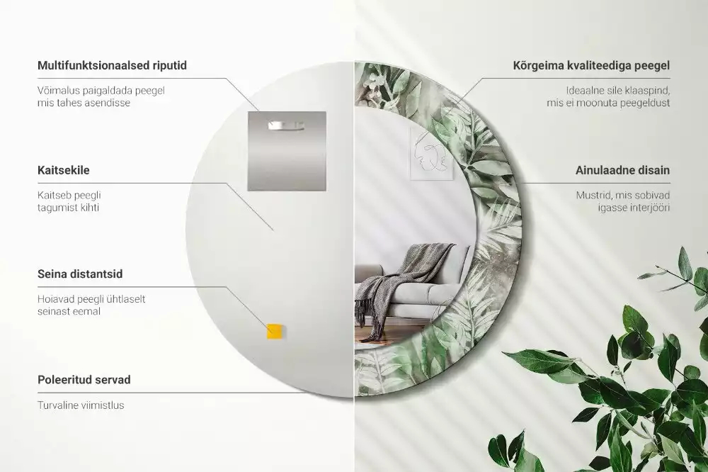 Espelho decorativo redondo Folhas em aquarela