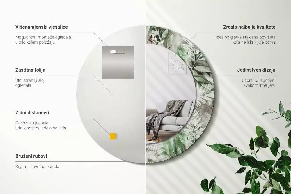 Espelho decorativo redondo Folhas em aquarela