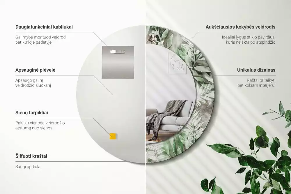 Espelho decorativo redondo Folhas em aquarela