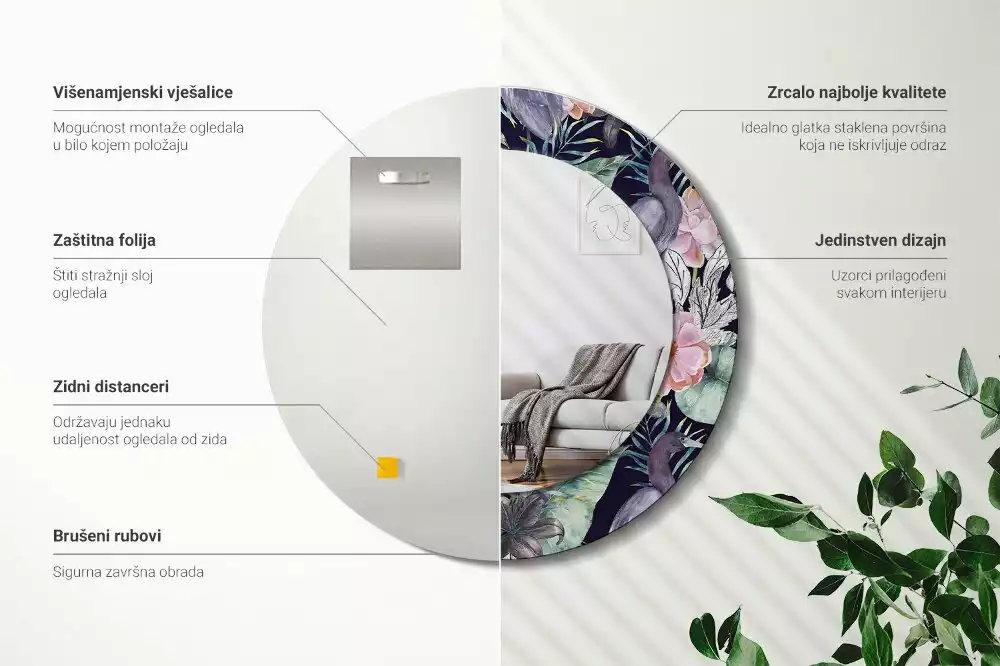 Espelho redondo decorativo Aves garças