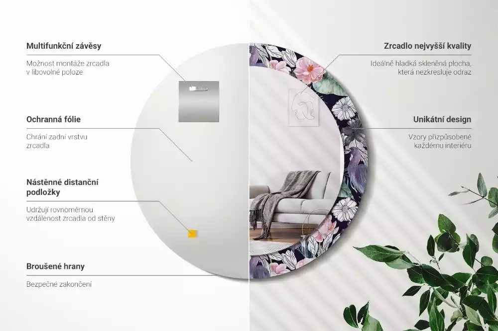 Espelho redondo decorativo Aves garças