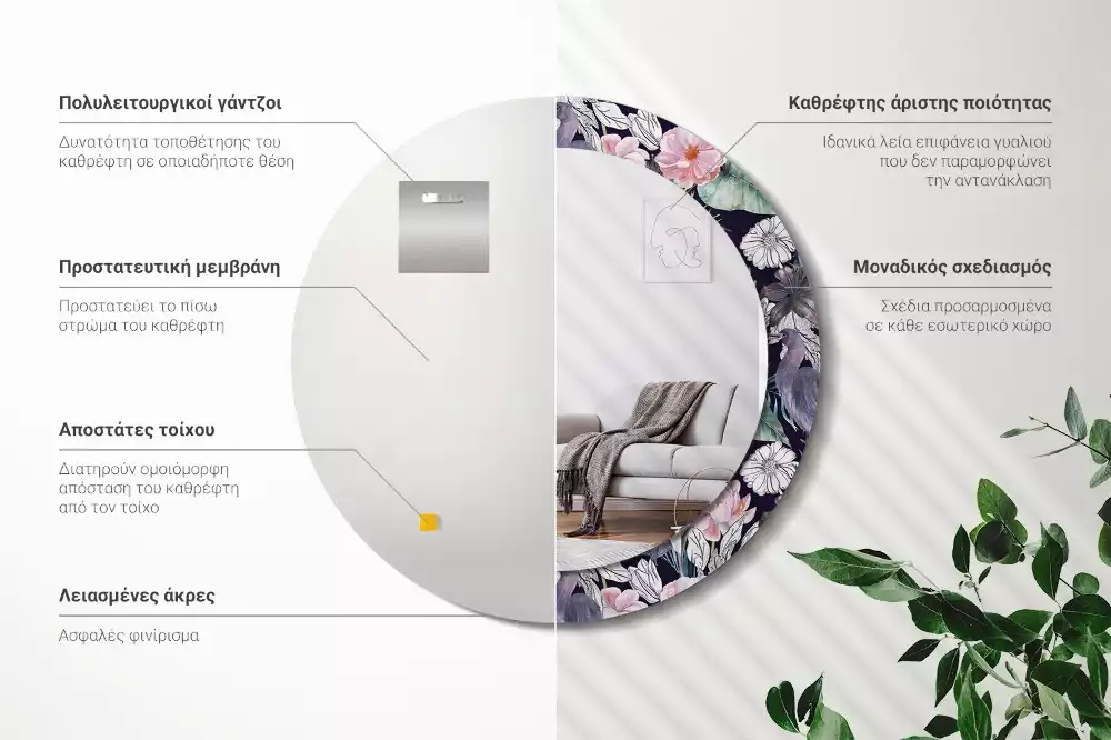 Espelho redondo decorativo Aves garças