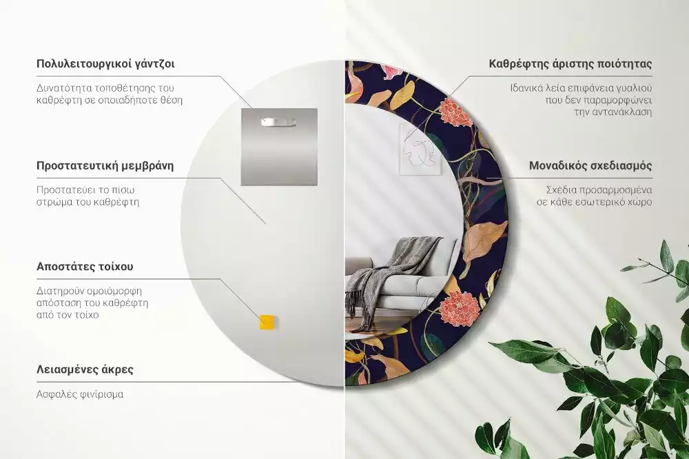 Espelho redondo decorativo Plantas em aquarela