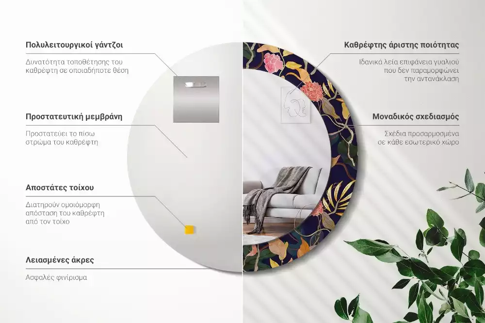 Espelho redondo decorativo Plantas em aquarela