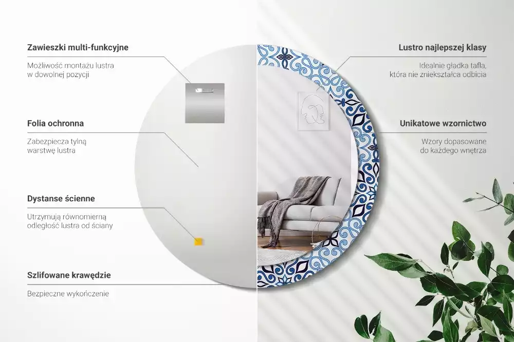 Espelho redondo decorativo Padrão árabe azul