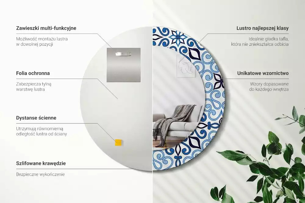 Espelho redondo decorativo Padrão árabe azul