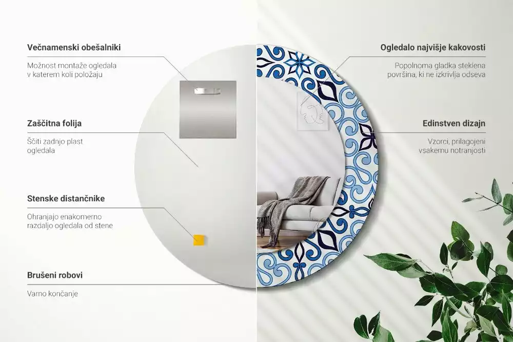 Espelho redondo decorativo Padrão árabe azul