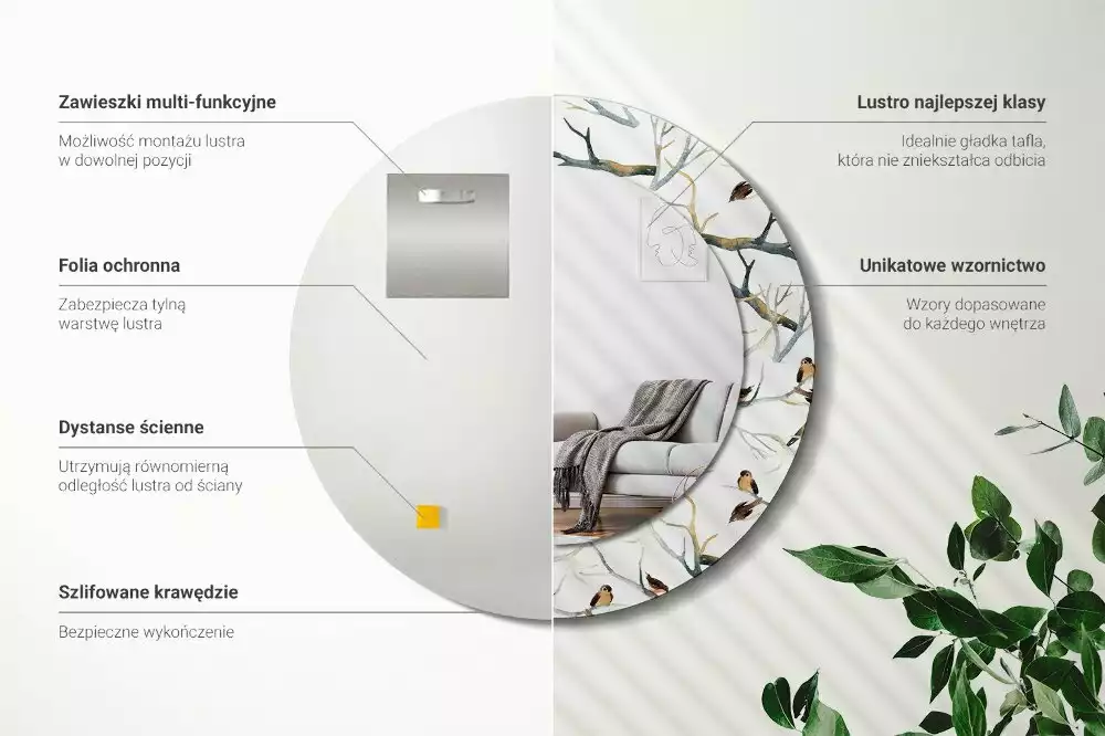 Espelho decorativo redondo Pardais pássaros galhos