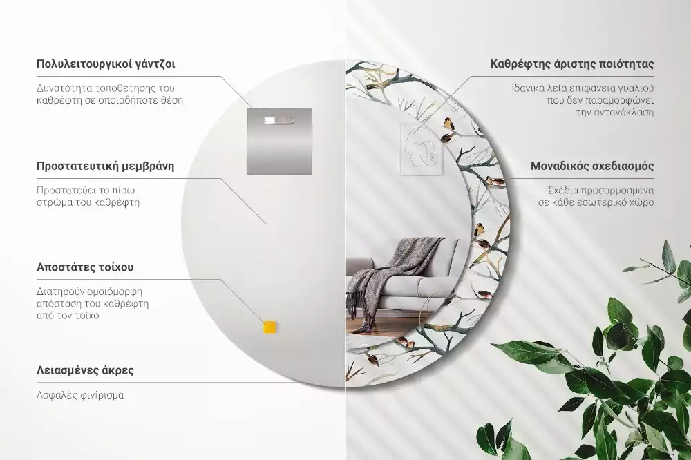 Espelho decorativo redondo Pardais pássaros galhos