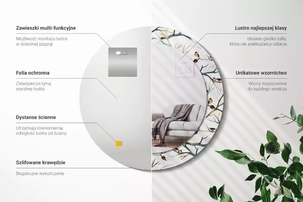 Espelho decorativo redondo Pardais pássaros galhos