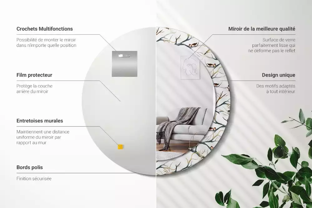 Espelho decorativo redondo Pardais pássaros galhos