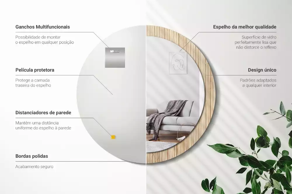 Espelho decorativo redondo palha de bambu