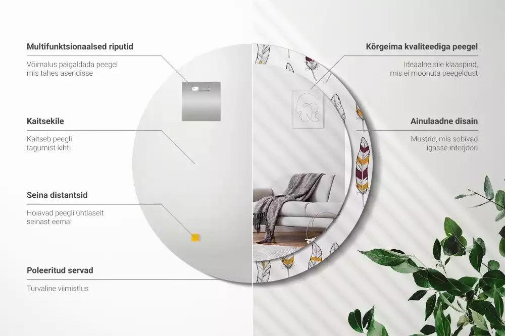 Espelho redondo decorativo penas