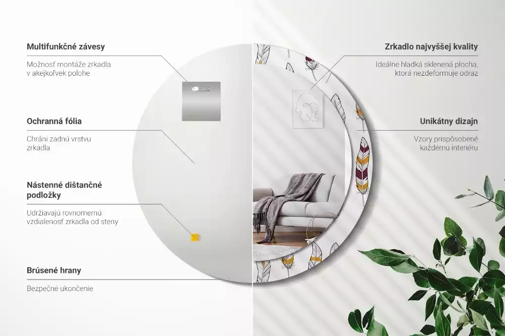 Espelho redondo decorativo penas