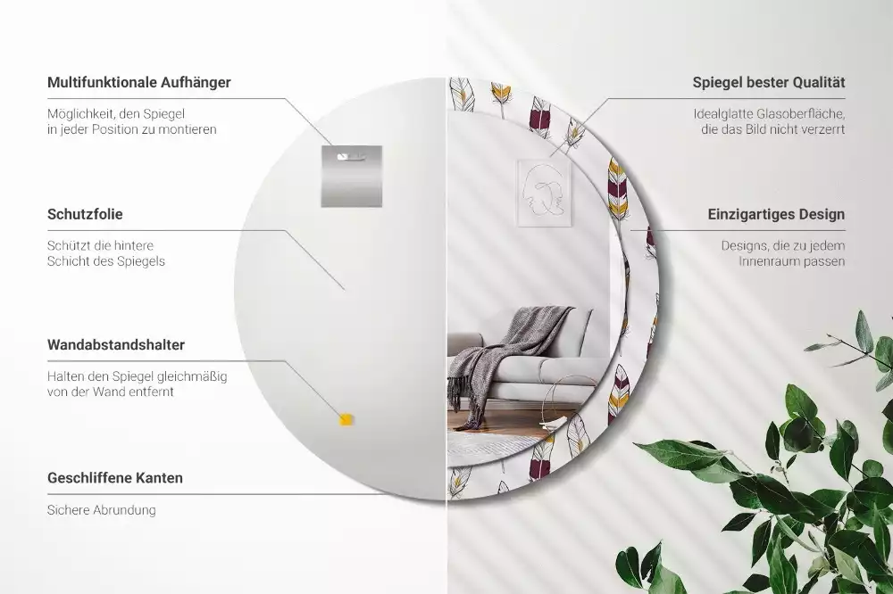 Espelho redondo decorativo penas