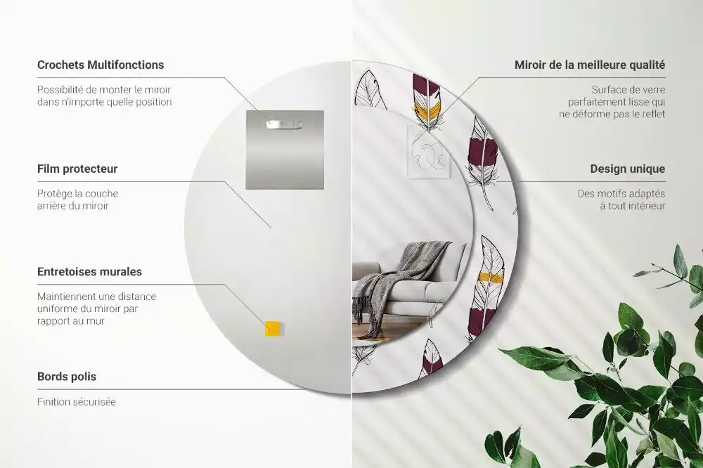 Espelho redondo decorativo penas