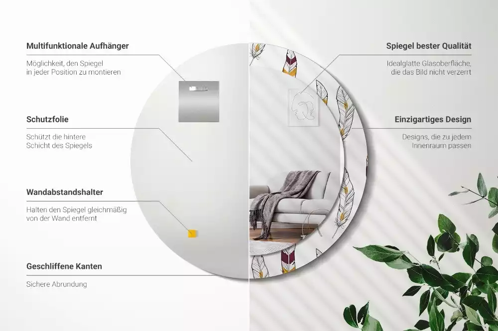 Espelho redondo decorativo penas