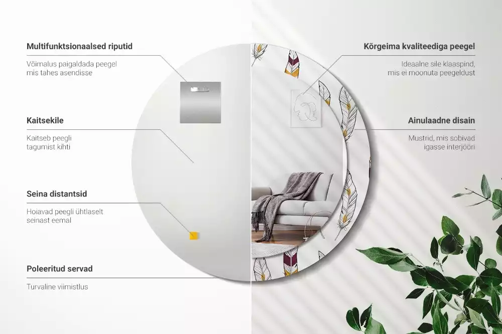 Espelho redondo decorativo penas