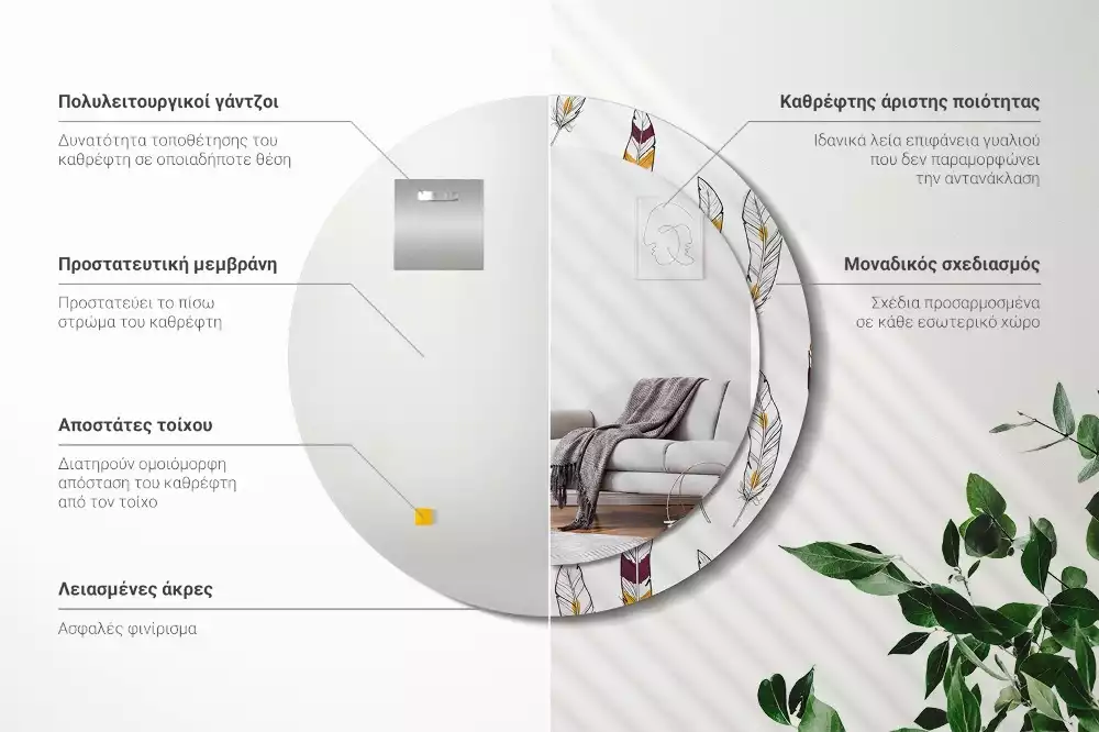 Espelho redondo decorativo penas